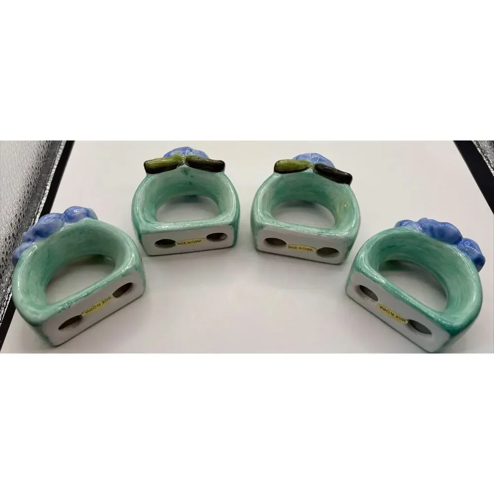 Vintage Pansy Napkin Rings By Kathy Hatch Set of 4 Ceramic/Porcelain 2003